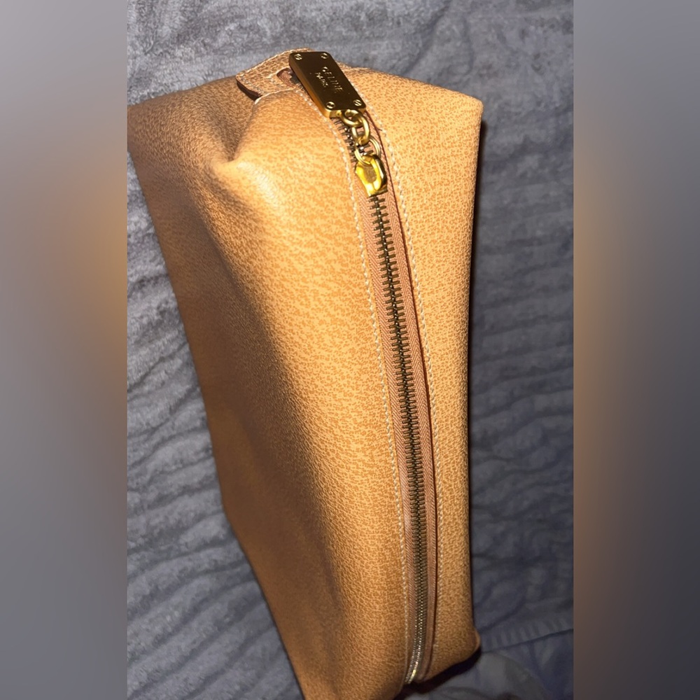 Celine Tan Cosmetic Authentic Leather Bag with Gold Zipper
